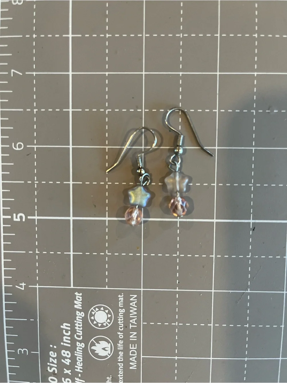 Glass pink star and crystal accent silver tone ear wire handmade girls ladies